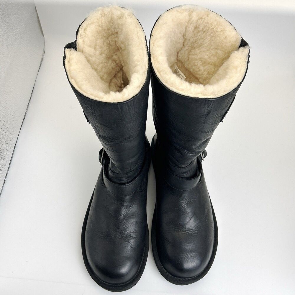 UGG Kensington Biker Moto Boots Womens Sz 10 Black Leather Buckle Shearling 5678 - Picture 3 of 9